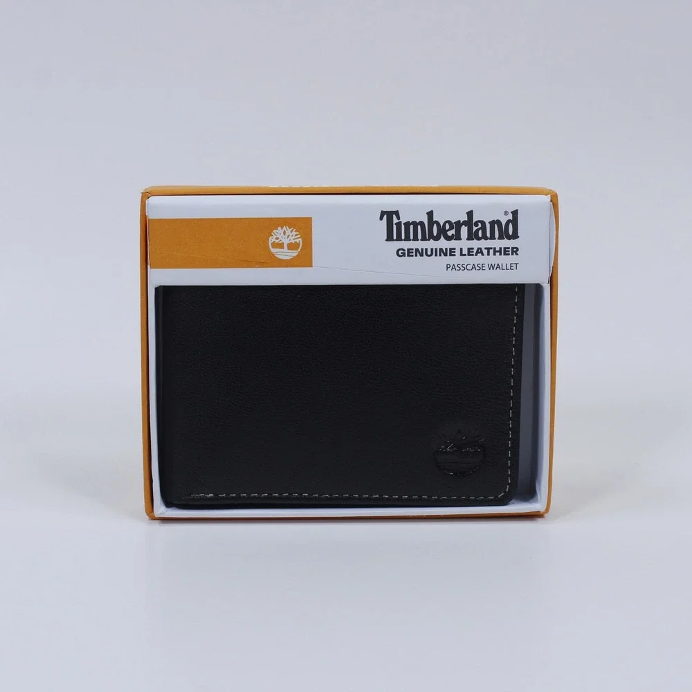 Timberland Men's Black Genuine Leather Bifold Passcase Wallet Dual ID Window NIB